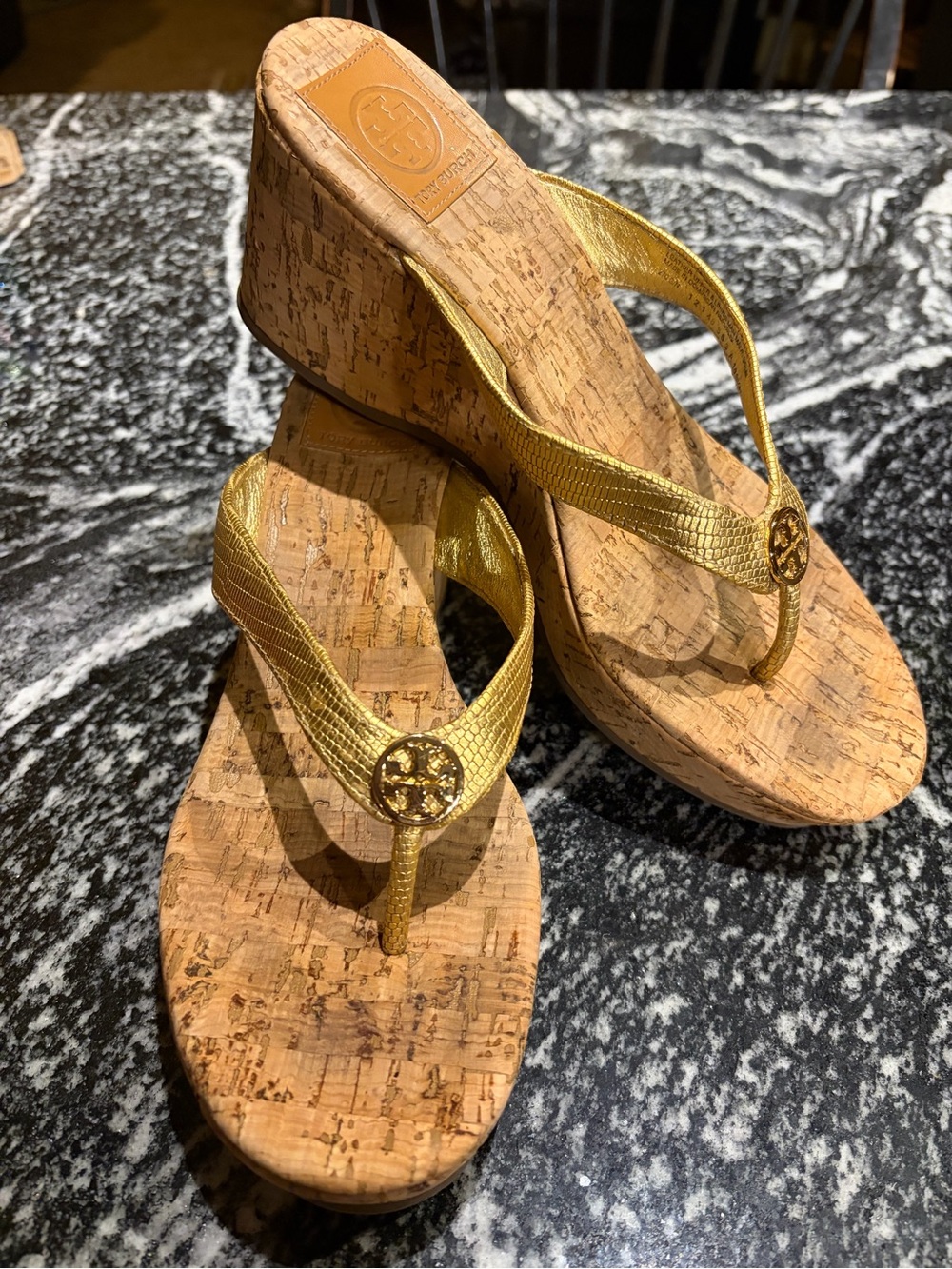Tory Burch Gold Cork Wedge Thong Sandals - Picture 3 of 9
